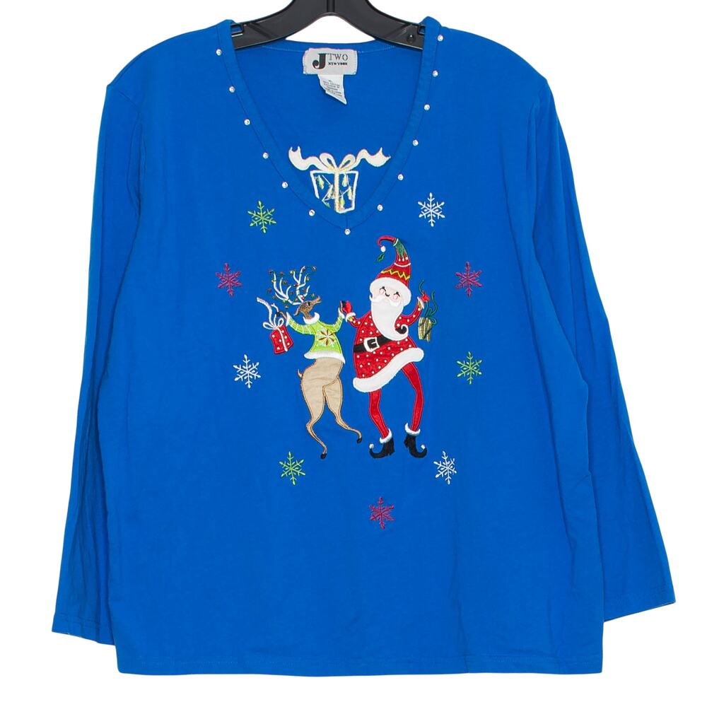 Vintage Top Ugly Christmas Holiday Festive Embroidered Novelty Santa Blue XL